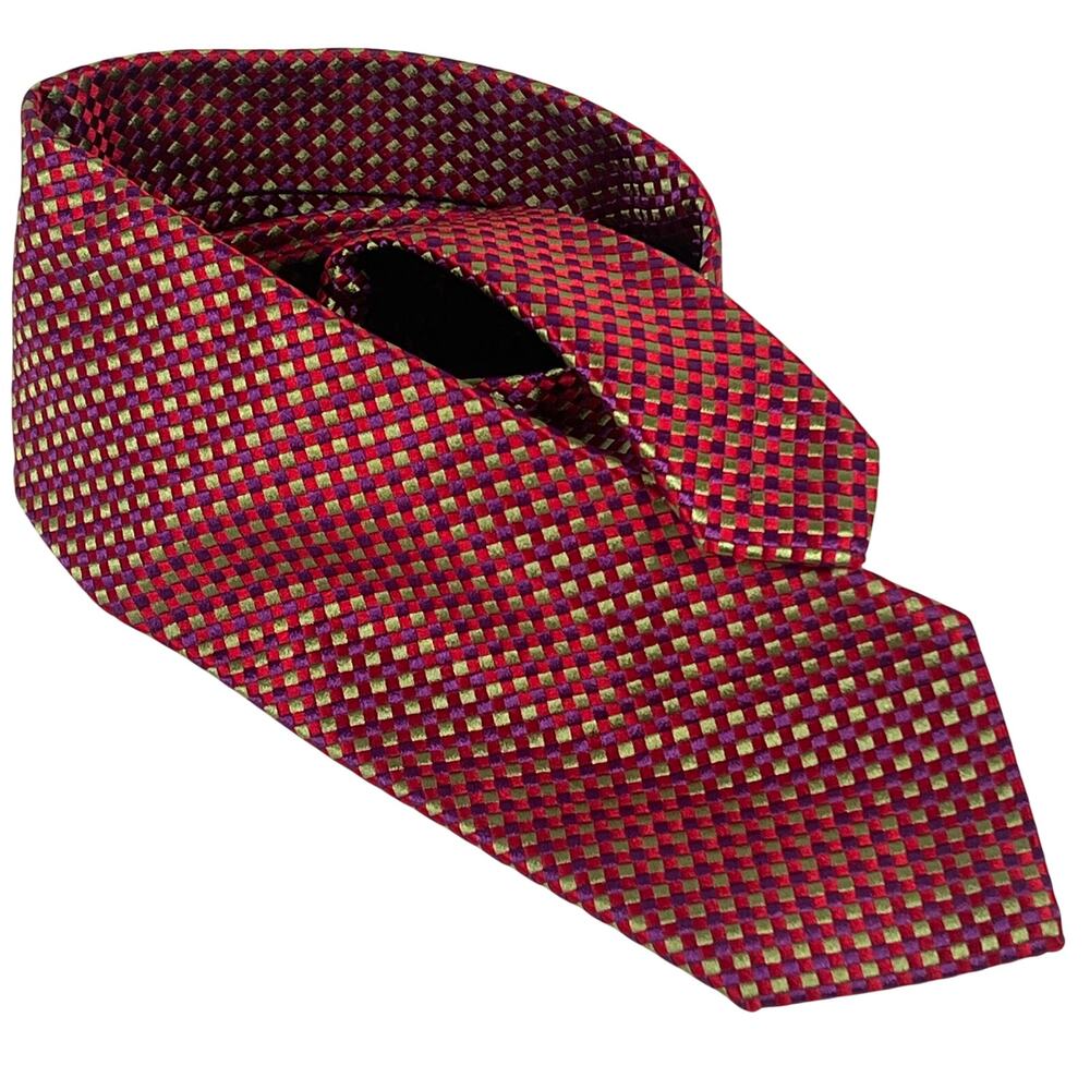 New & Lingwood London Mini-diamond Textured Weave Silk Tie Red Purple Yellow